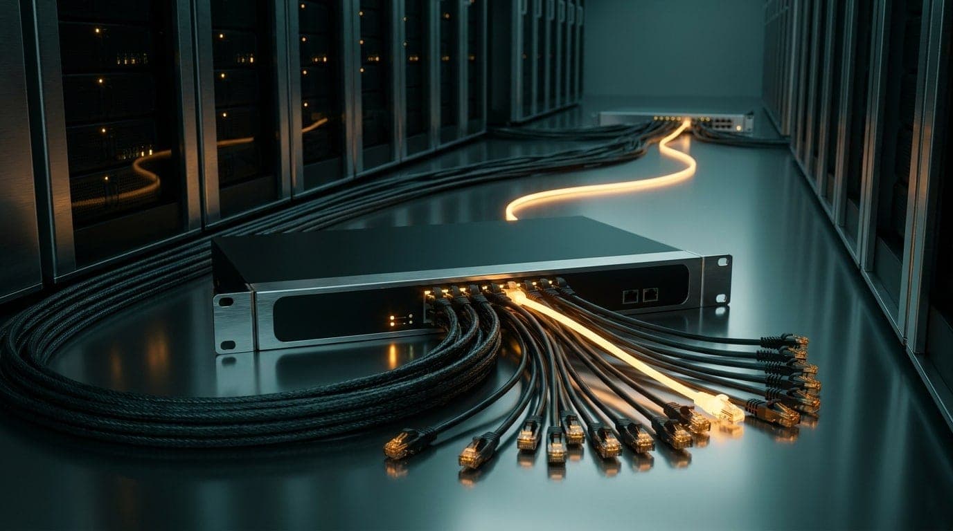 A rack-mounted network router fanning one cable bundle into many amber-lit ethernet patch cables, one glowing brighter, in a dark teal server room.