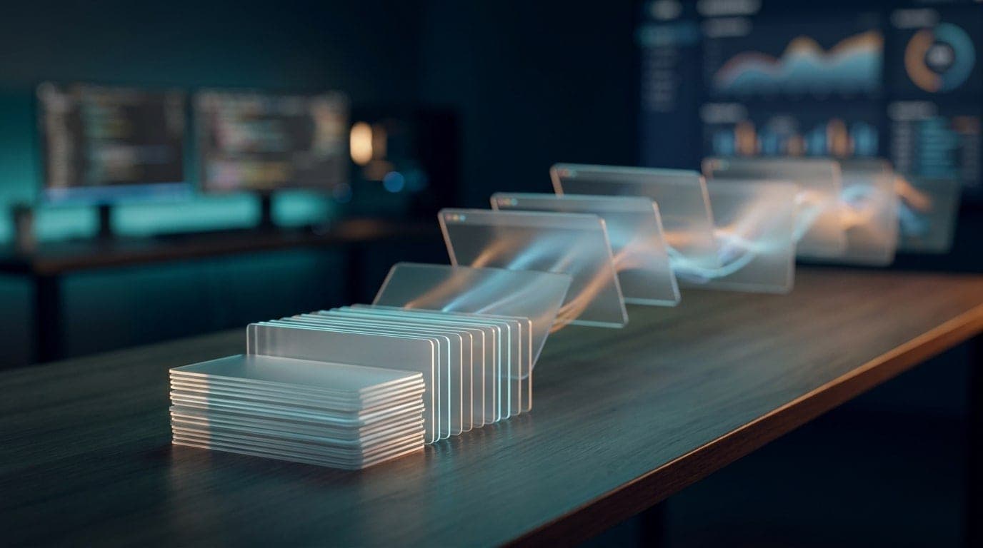 Varied web page panels converging into a neat stack of uniform data cards on a dark desk, with an engineer's workstation blurred behind.