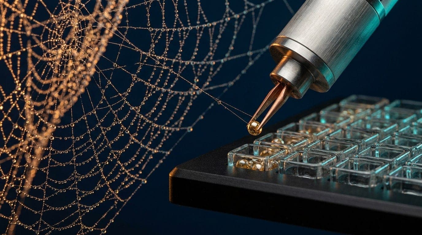 A robotic steel extractor lifts a gold bead from a tangled dewy spider web and places it into a neat grid of glass cells.