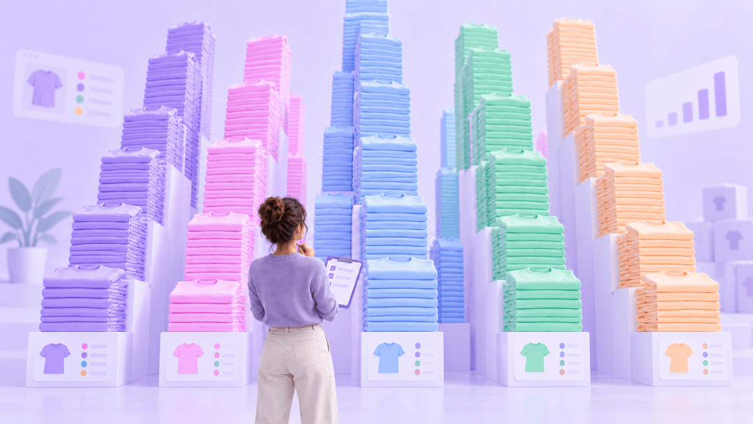 A person with a checklist assesses towering stacks of colour-coded T-shirts, representing practical scoping and limits for variant extraction.