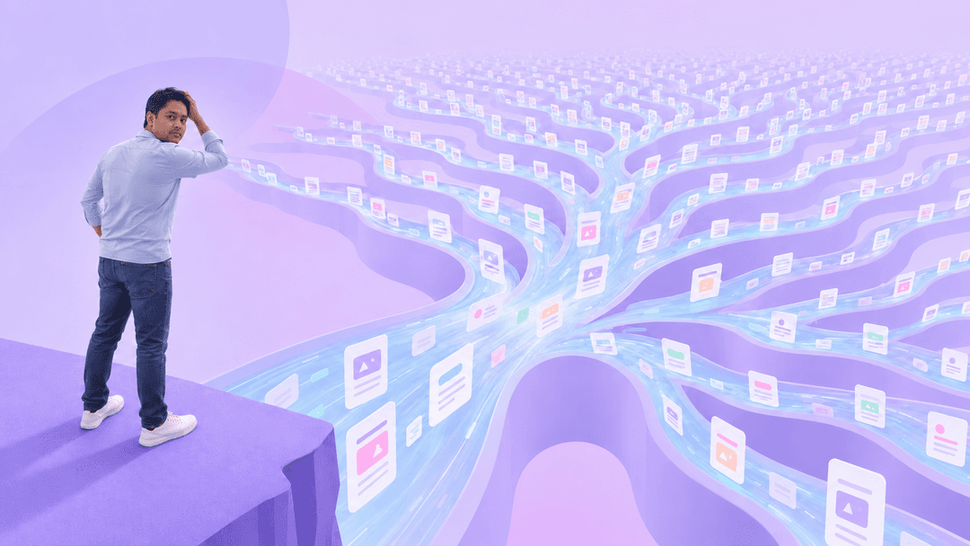 A person looks over a vast branching flow of ecommerce product cards, illustrating the complexity of bundled and variant product relationships.