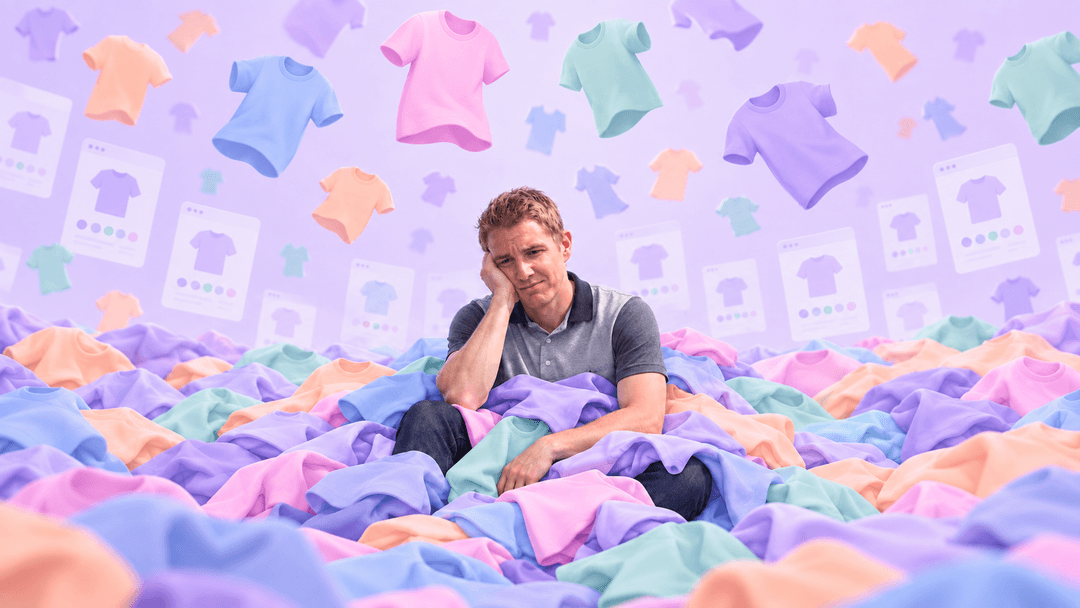 A weary data engineer sits amid piles of colourful T-shirts and ecommerce product cards, illustrating the overwhelming number of product variants.
