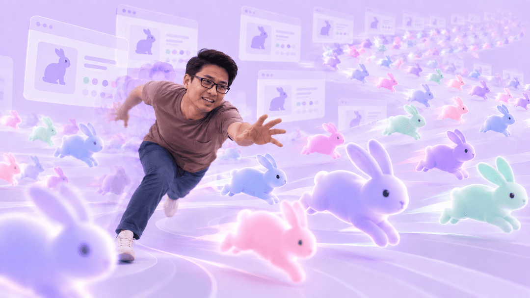 A data engineer reaches through a flood of colourful rabbit-shaped product variants and ecommerce pages, representing runaway variant scale.