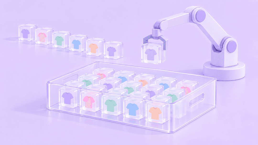 A robotic arm sorts transparent cubes containing coloured T-shirts, representing automated extraction and classification of product variants.