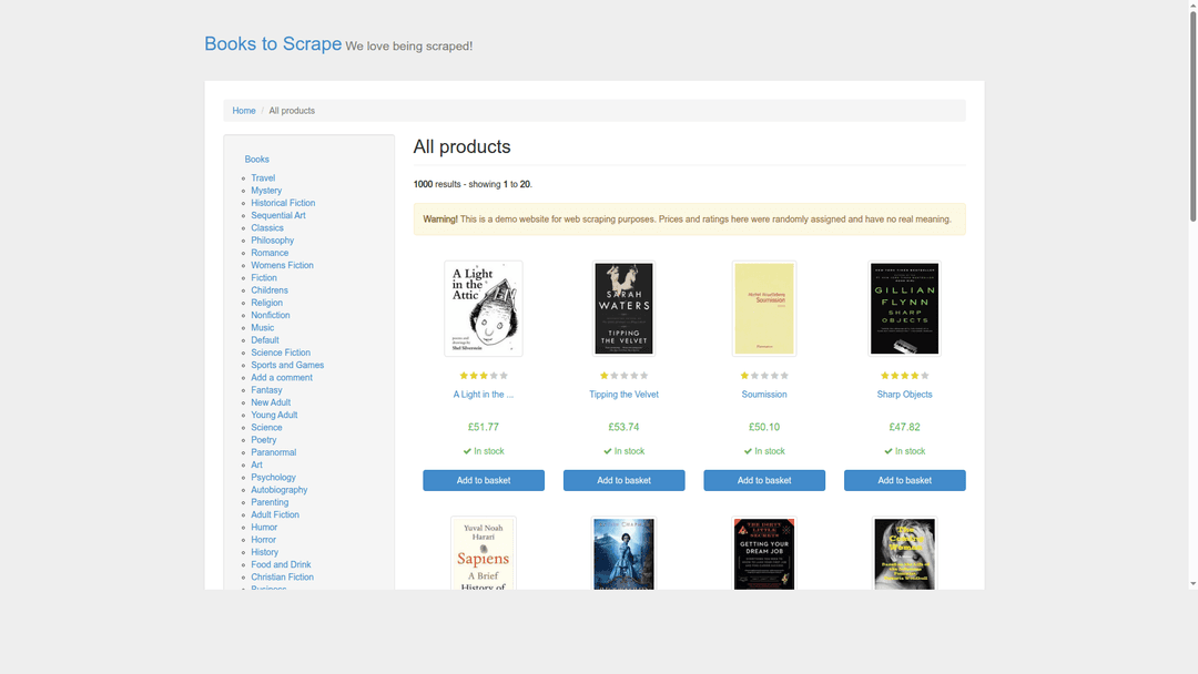 Viewport screenshot of the books.toscrape.com home page at 1920 by 1080, captured with fetch_page through Zyte MCP