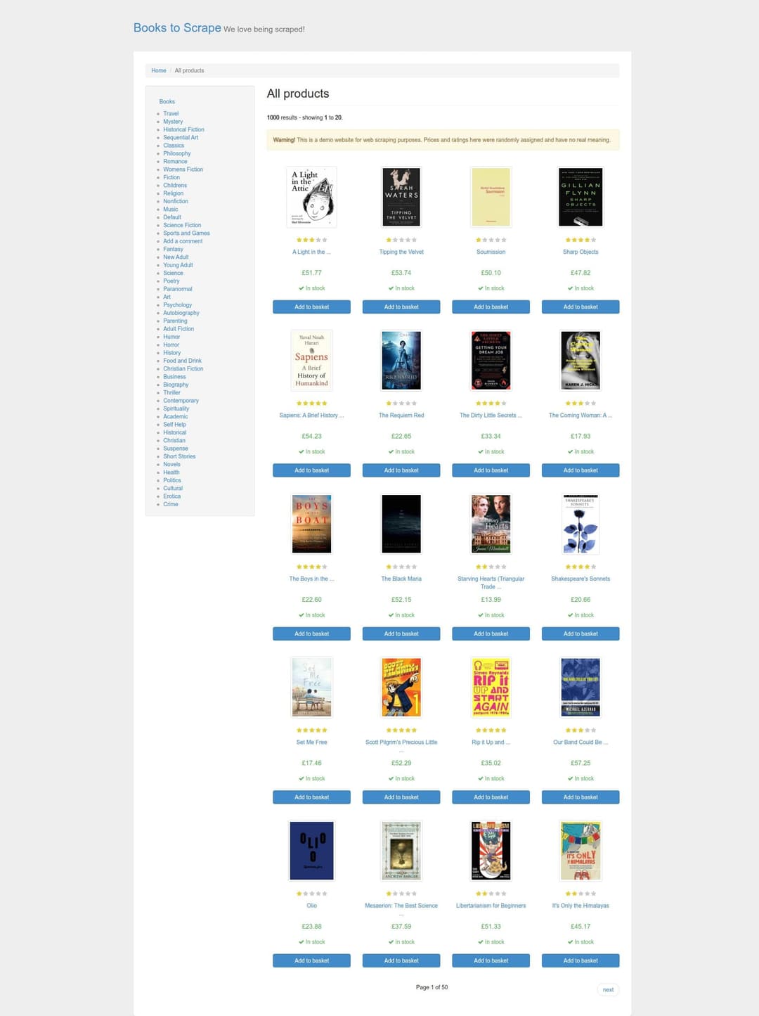 Full-page JPEG screenshot of the books.toscrape.com home page, 1905 by 2549 pixels, running from the header to the Page 1 of 50 footer