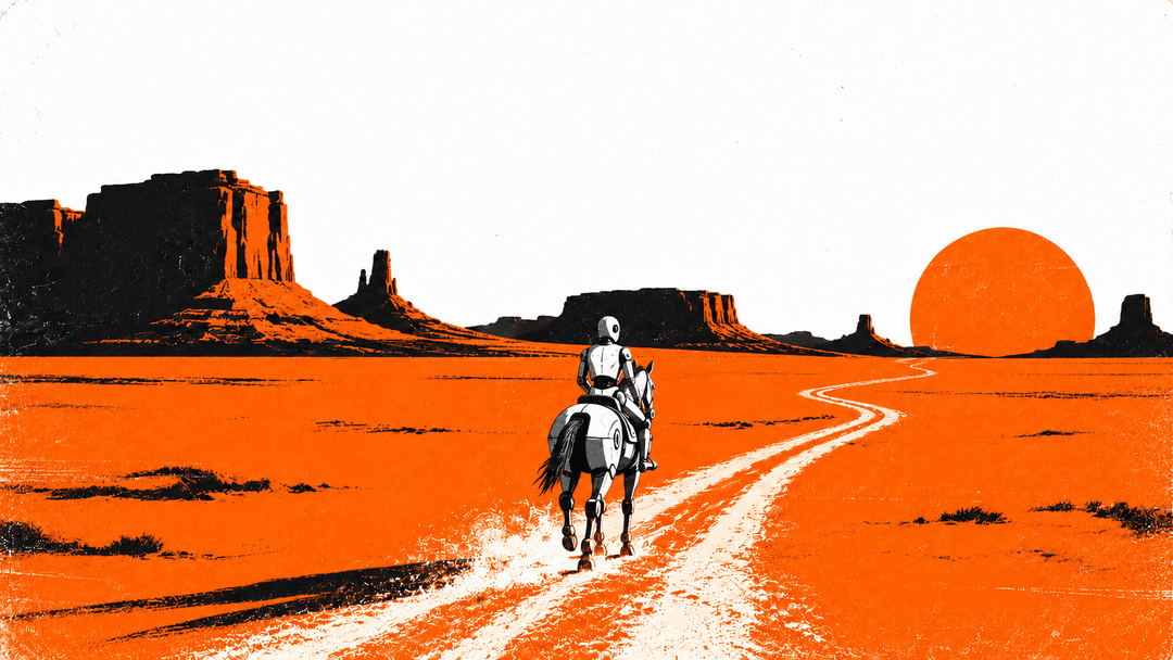 A rider on horseback following an open road through an orange desert landscape at sunset.