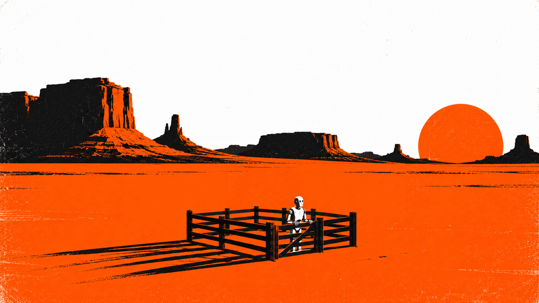 A rider on horseback enclosed by a small fence in an orange desert landscape.