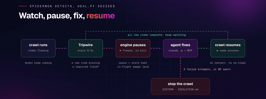 Watch, pause, fix, resume: the crawl runs, a tripwire checks every half second, the engine pauses, the agent fixes, and the crawl resumes in the same process, with a red box for stop and escalate