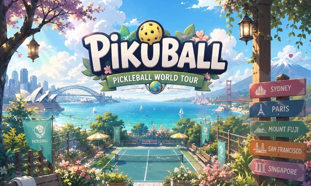 Pikuball Pickleball World Tour title art, with a yellow pickleball in the logo above a bay scene combining the Sydney Opera House, the Golden Gate Bridge and Mount Fuji, and wooden signposts pointing to Sydney, Paris, Mount Fuji, San Francisco and Singapore.