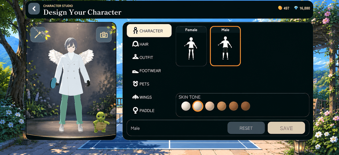 The Pikuball Character Studio screen, showing an avatar in a white coat with feathered wings and a turtle pet on a turntable, beside menus for hair, outfit, footwear, pets, wings and paddle, and a row of skin-tone swatches.