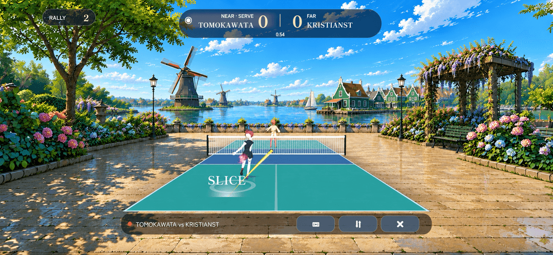 A Pikuball match seen from behind the near player: a teal court on a canal-side plaza with Dutch windmills, gabled houses and wisteria, the word SLICE flashing on the court surface and the rally counter reading 2.