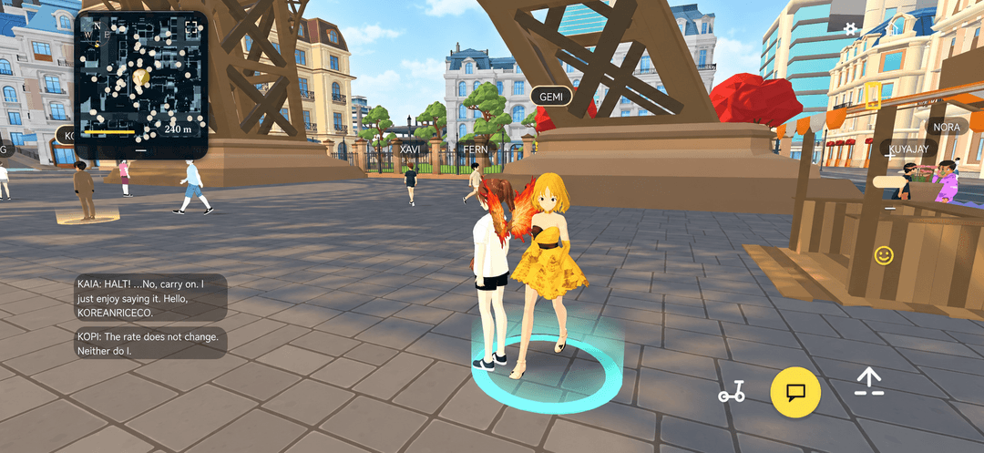 Two player avatars face each other in the Pikuball plaza beneath the Eiffel Tower, surrounded by named characters and an ambient crowd, with chat lines from the AI characters KAIA and KOPI overlaid at bottom-left.